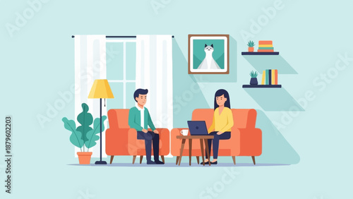 Two people sitting on orange couches in a living room, one using a laptop