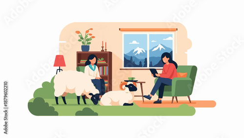 Two women relax indoors with two sheep, one reading on a tablet