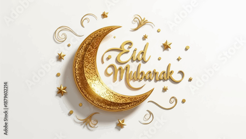 Eid al-Fitr greetings with golden crescent moon and stars on white background, hari perayaan eid al-fitr celebration design.