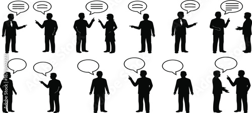 Collection of Black Silhouettes of Professional Business People Talking and Having Conversations with Blank Speech Bubbles Isolated on White Background for Communication Concepts