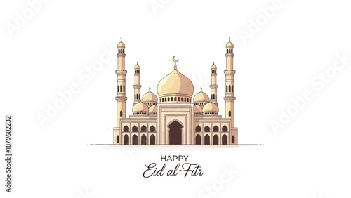 Illustration of a mosque with domes and minarets on a white background with Happy Eid al-Fitr greetings in elegant script, conveying a sense of serenity and celebration.