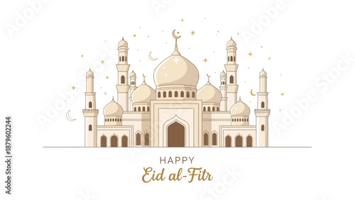 Flat illustration of a mosque with domes and minarets on a white background with 'HAPPY Eid al-Fitr' text in gold, conveying hari perayaan eid al-fitr greetings.