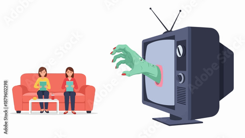 Two women relax on a sofa while a green hand emerges from a vintage television