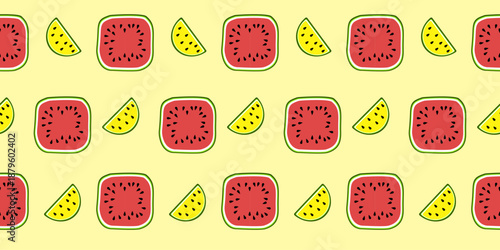 Seamless vector pattern of juicy watermelon for illustrations of sweet summer desserts, featuring watermelon icons and fresh melon in an appetizing cartoon design. Food background, summer fabric patte