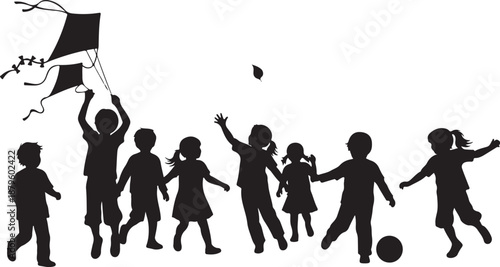 Children playing outside with kites and soccer ball happily