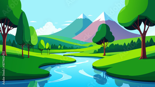 A serene landscape with a winding river flowing through vibrant green hills and majestic mountains