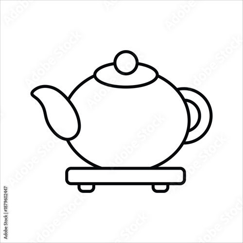 Simple line art illustration of a traditional teapot on a warming base, evoking the comforting ritual of hot beverage brewing and serene tea time moments