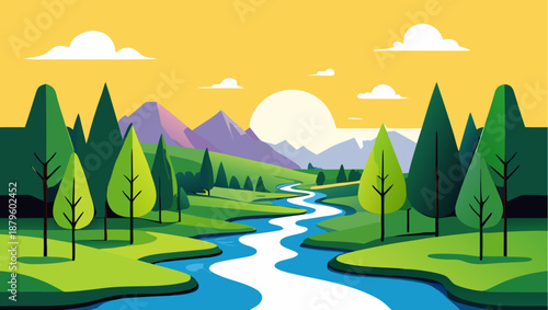 A vibrant stylized landscape illustration with a winding river and majestic mountains