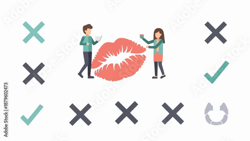 Two people stand on opposite sides of a large red lipstick kiss imprint, holding papers and cups