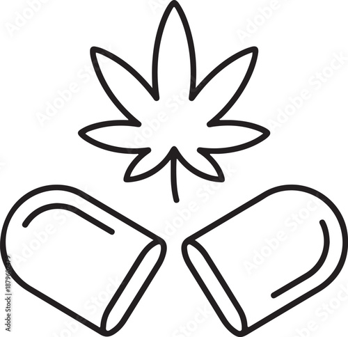 Marijuana capsule medicine concept showing open pill container and cannabis leaf outline sketch