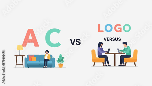 Two scenes, one showing letters and a sofa, the other people working on laptops