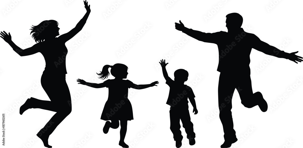 Obraz premium Happy family with two children jumping and dancing in silhouette isolated on white background celebrating success freedom togetherness health and active lifestyle concept