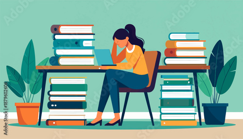 Woman sitting at a desk with piles of books and a laptop