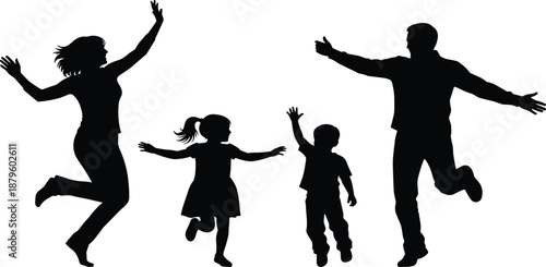 Happy family with two children jumping and dancing in silhouette isolated on white background celebrating success freedom togetherness health and active lifestyle concept