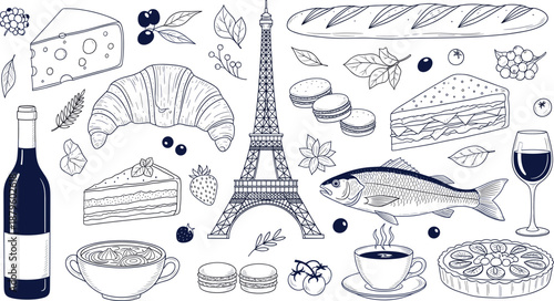 Elegant French travel vector set with Eiffel Tower croissant macarons wine cheese baguette and traditional café culinary illustrations.