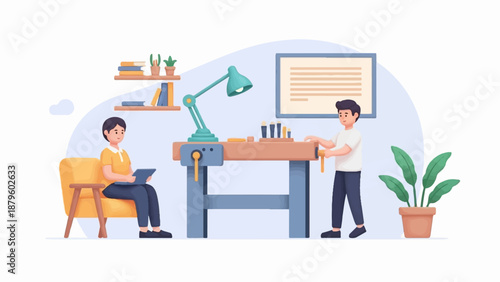 Two boys working on a workbench with tools and lamp, one reading on a chair