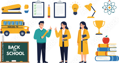 Back to school education icons set with teachers students bus supplies and academic achievement symbols