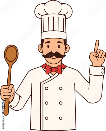 Friendly chef cartoon illustration holding spoon and giving advice for cooking restaurant branding