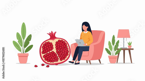 Woman sitting in a chair with a laptop, next to a giant pomegranate and potted plants