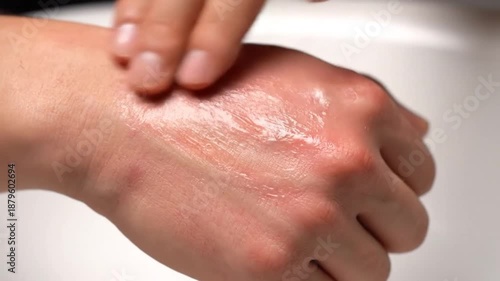 A hand applying clear gel to dry, flaky skin