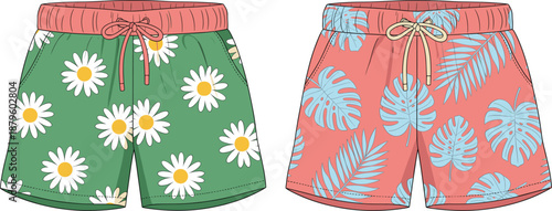 Cute floral summer shorts illustration set with daisy and tropical leaf patterns for casual fashion