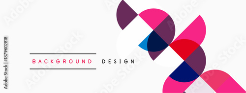 Abstract geometric shapes overlap, creating dynamic visual effect. Pink, purple, blue hues dominate white backdrop. Minimalist design.