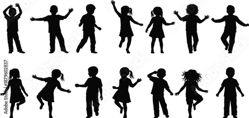 Large Collection of Black Silhouettes of Diverse Young Children Dancing Jumping and Playing Isolated on White Background for Childhood Joy and Education Designs