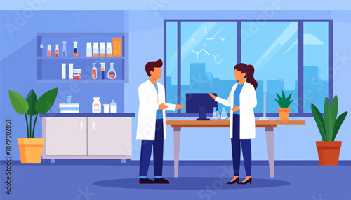 Two scientists in a lab discussing research with beakers, plants, and city view