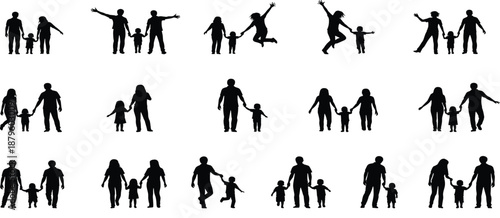 Large collection of happy family silhouettes with parents and children walking jumping and holding hands isolated on white background for community and parenting concepts