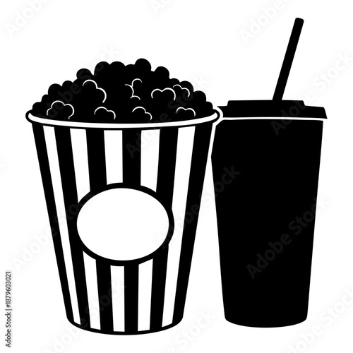 Black and white silhouette illustration shows striped popcorn container next to a soda cup with a straw, symbolizing movie night entertainment.