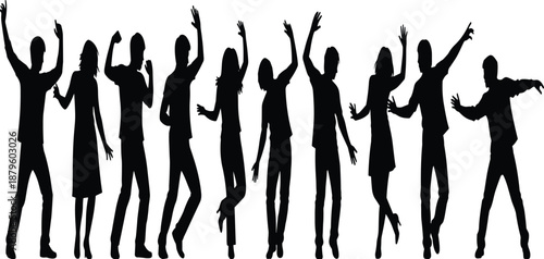 Large Group of Black Silhouettes of Diverse People Dancing and Celebrating at a Party or Music Festival Isolated on White Background for Design