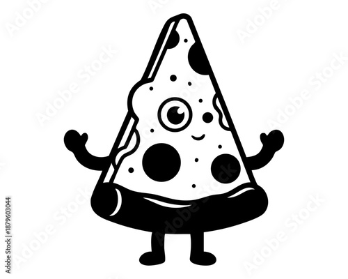 Cartoon slice of pepperoni pizza with a cheerful face and waving arms stands ready to be served as a fun mascot.