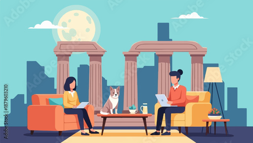 Two people and a dog relax in a living room with classical architectural elements