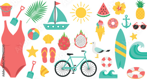 Flat summer beach vacation vector set featuring swimwear surfboard bicycle sailboat ice cream tropical fruits and seaside symbols.