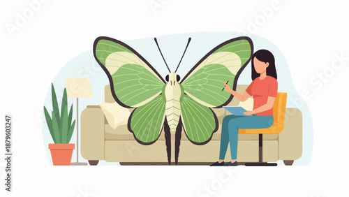 Woman sketching large butterfly in a living room with furniture and plants
