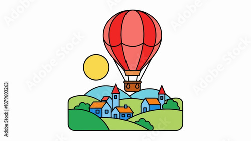 Whimsical scene with a hot air balloon floating above a charming village and rolling hills