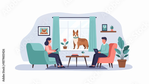Two people and a dog relax in a living room with plants and a window view