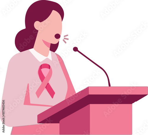 Woman speaking at a podium with a pink ribbon, advocating for breast cancer awareness