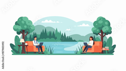 Two individuals work on laptops amidst a serene natural landscape with a lake and mountains