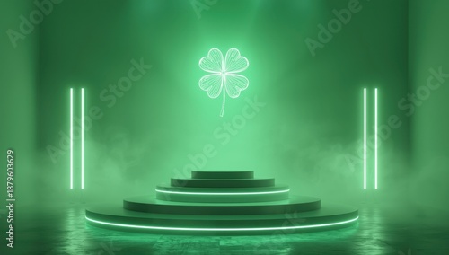 Neon Clover Stage with Podium and Smoke for St. Patrick's Day