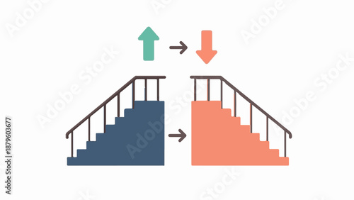 Two sets of stairs, one blue and one orange, with directional arrows indicating transition