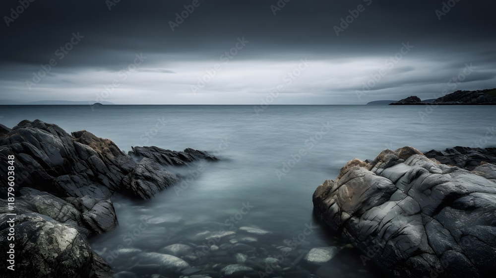 Fototapeta premium Rocky Coastal Shoreline at Dusk with Moody Overcast Light storm clouds over the sea