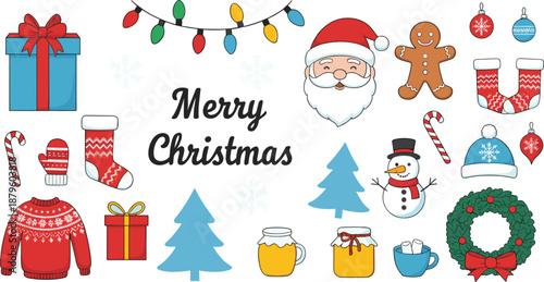 Merry Christmas holiday icons set with Santa gifts ornaments trees and festive winter decorations