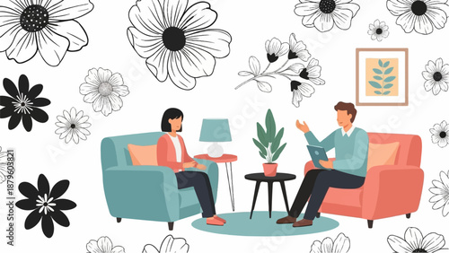 Two people talk in a room with a plant, lamp, picture, and flowers