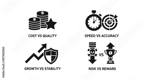Business strategy and performance management icon set representing productivity, quality assurance, speed optimization, security, efficiency, growth metrics, corporate planning, risk management, proce