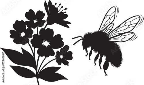 Black silhouette of a bee and flowers illustration art