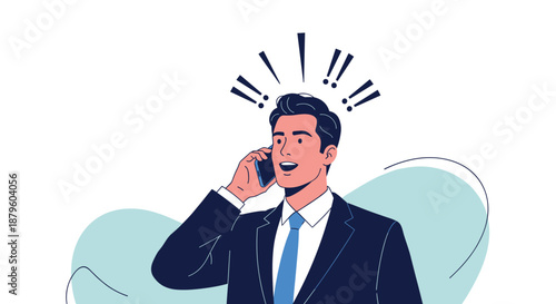 Businessman in a dark suit showing a surprised and excited expression while talking on his smartphone on an abstract background.