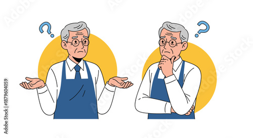 Set of senior man character illustrations wearing an apron and showing shrugging and thinking gestures for retail concepts.