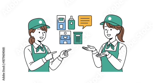Two female shop workers in green aprons and caps pointing at various product icons and a speech bubble for customer service.