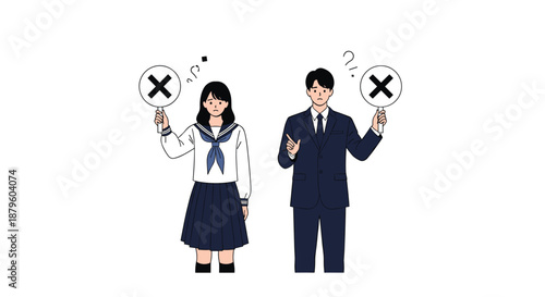 Male and female students in uniforms holding up signs with a cross mark and showing confused or disapproving expressions.